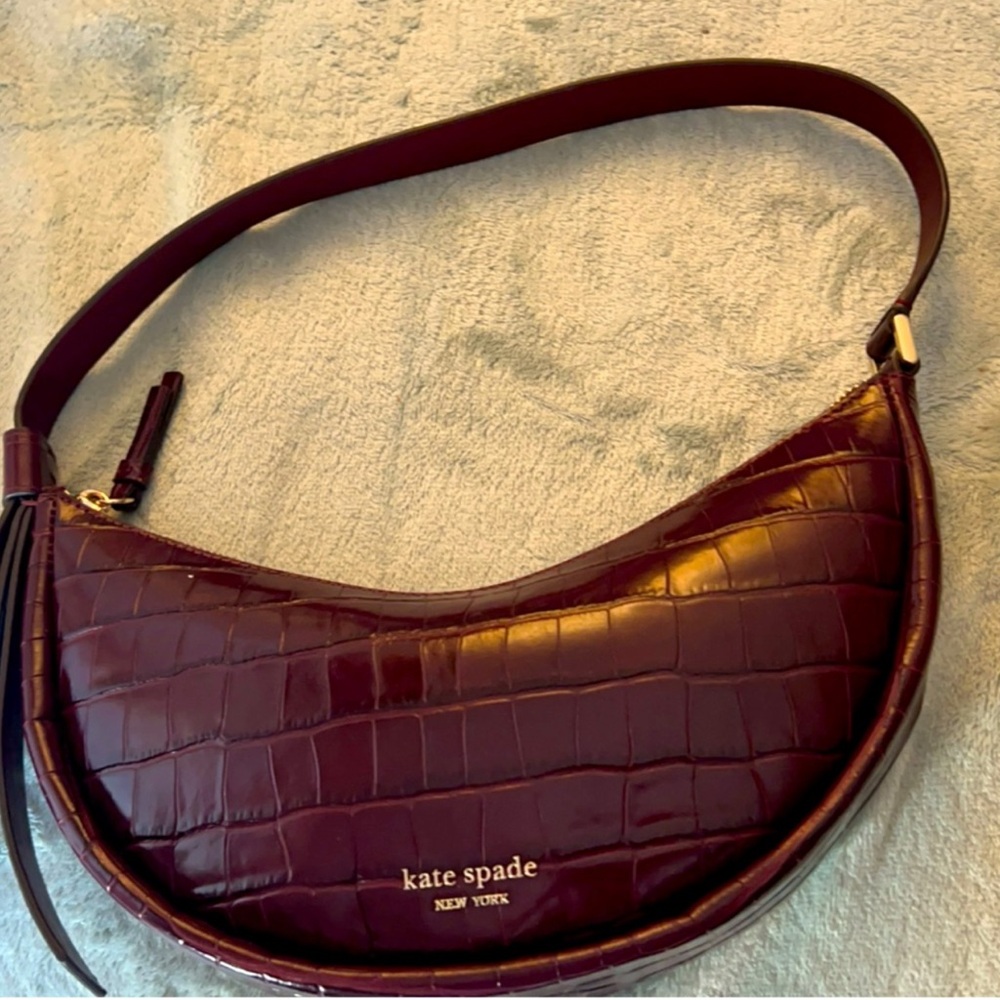 Kate Spade Half Moon Bag | Croc Leather Shoulder Bag | Burgundy Leather